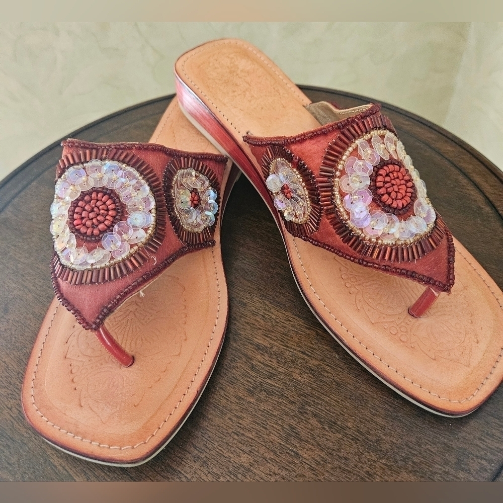 J.Jill Coral Sequence Bohemian Leather Thong Sandals-Size 7